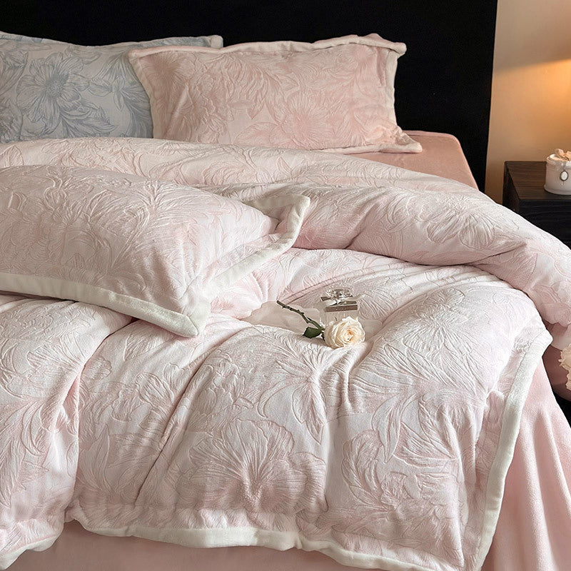 Quilted Velvet Duvet Cover Set with Floral Relief and Soft Filling Edge