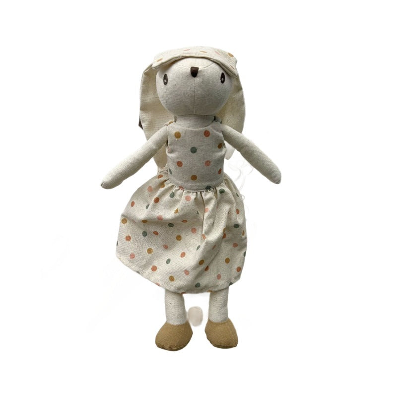 Plush Linen Bunny Doll with Long Ears Bow Tie and Removable Check Overalls