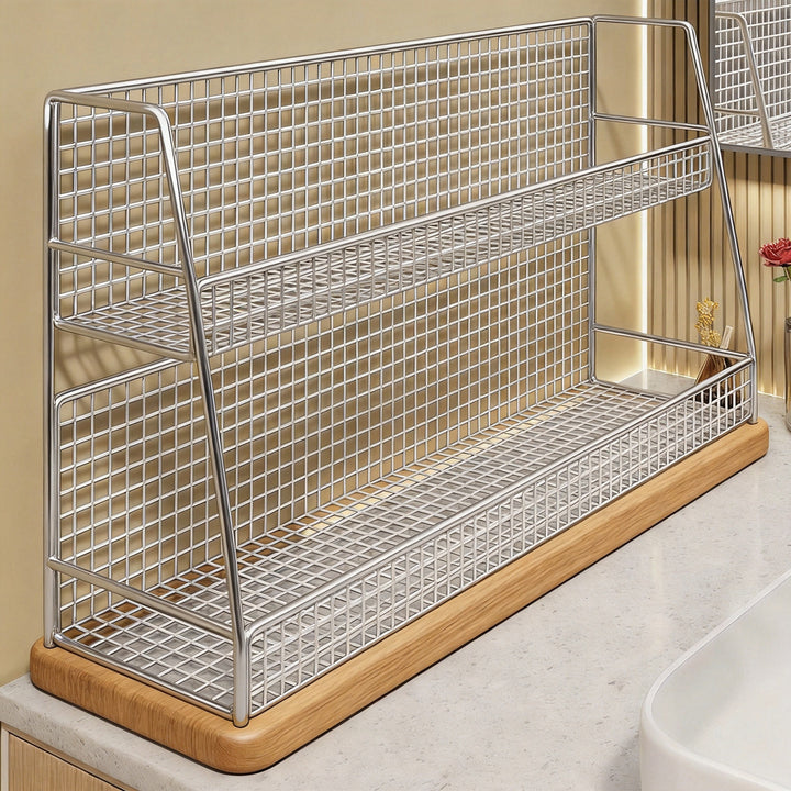 Angled Desktop Mesh Vanity and Countertop Organizer with Three Wire-Tier Baskets and Grid Back