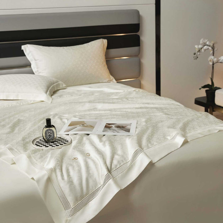 Satin-Duvet cover set with woven check jacquard and decorative border