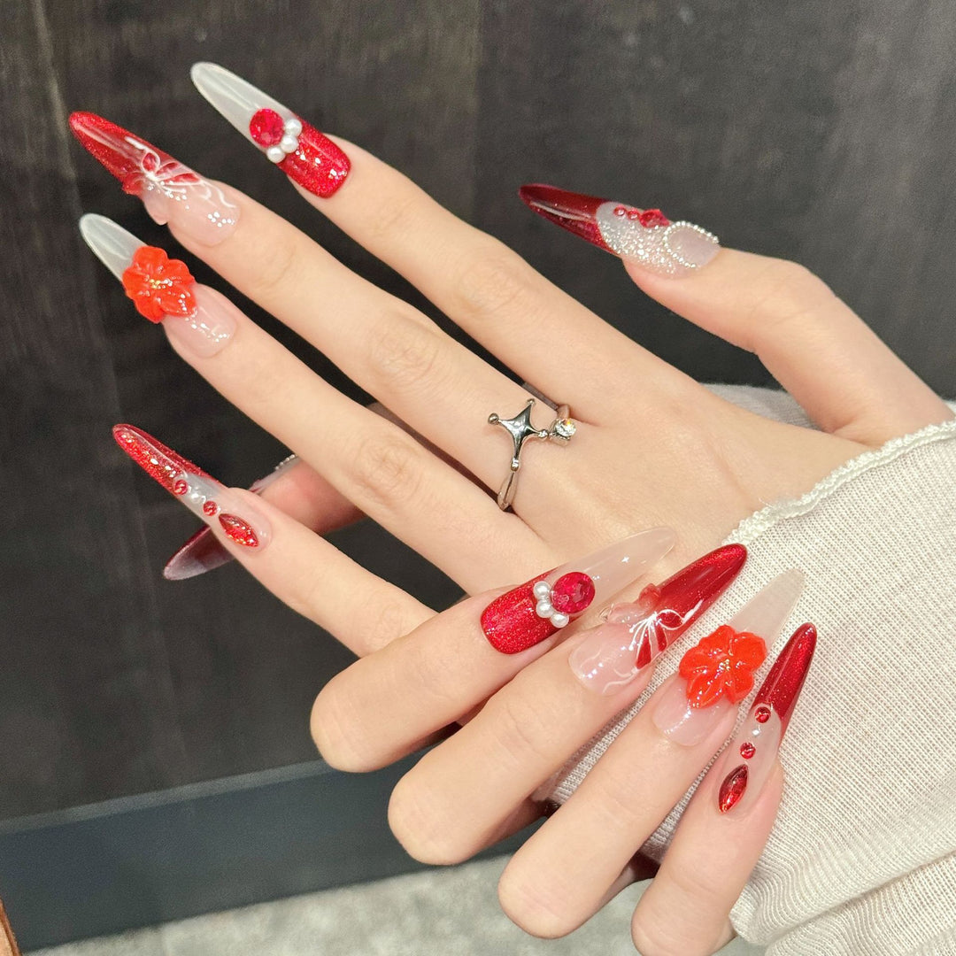 Artistic Press-On Nail Art Kit with 3D Floral and Gem Accents