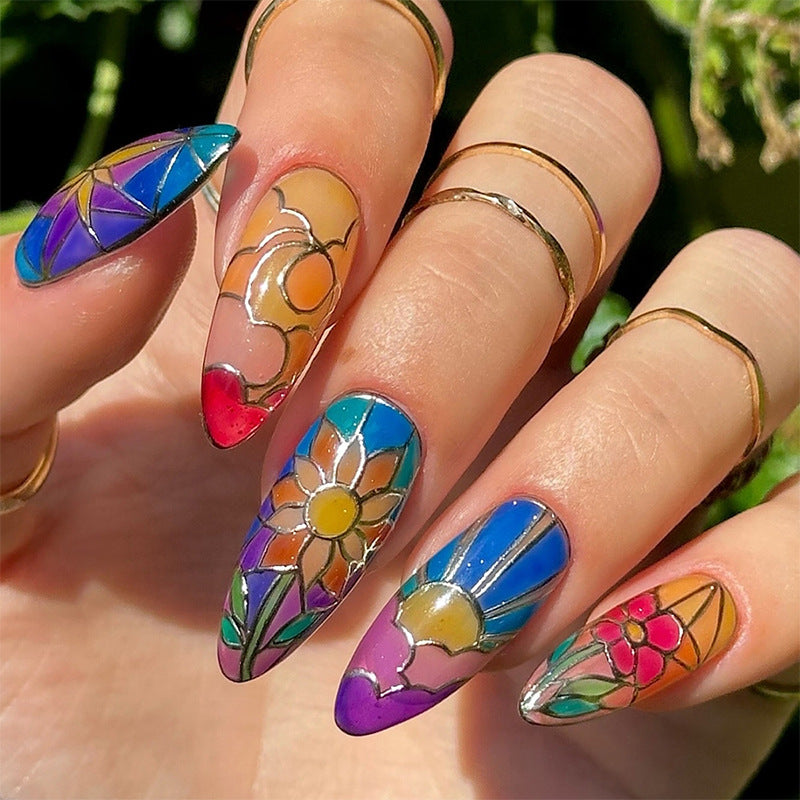 Artistic Press-On Nail Art Set with Floral and Geometric Patterns kalsten