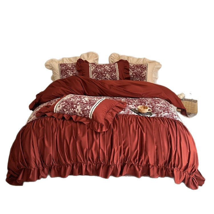 Romantic bedding set with gathered ruffle, jacquard centerpiece and decorative bedskirt