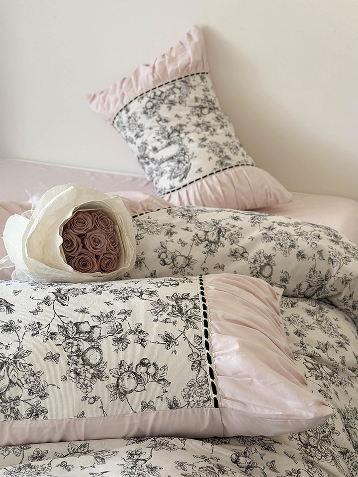 Romantic cotton percale bedding set with fine toile print and ruffle trim