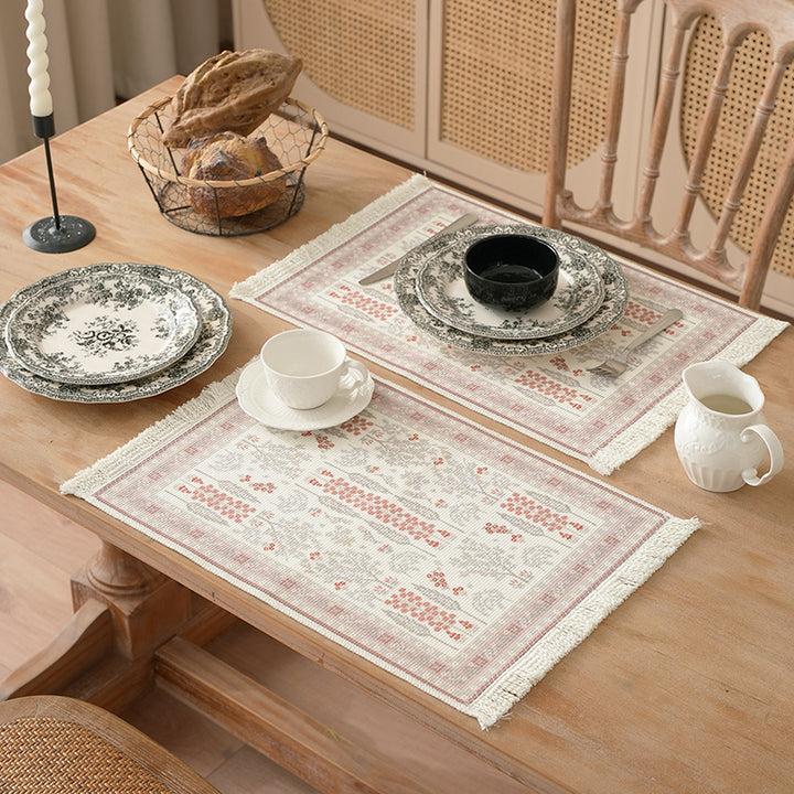 Woven small runner rug in vintage ornamental style with fringes