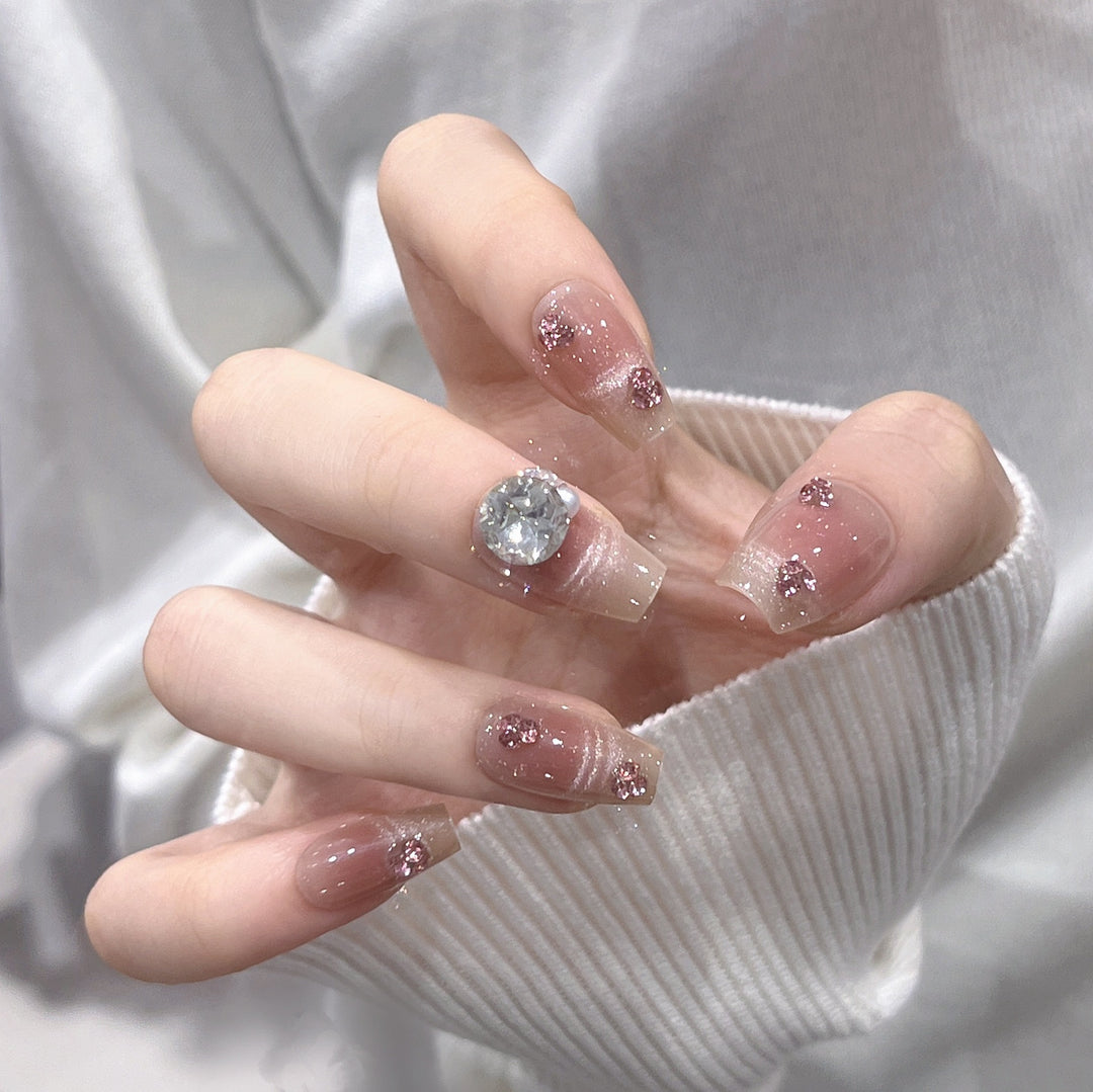 Elegant Rhinestone-Embellished Press-On Nail Art