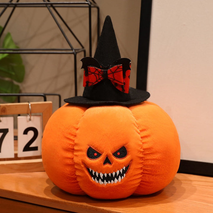 Plush pumpkin decoration figure with witch hat and embroidered spooky face
