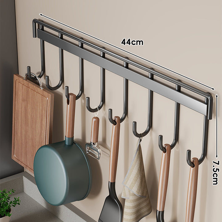 Wall-Mounted Multi-Hook Kitchen Utensil and Pan Hanger Rack