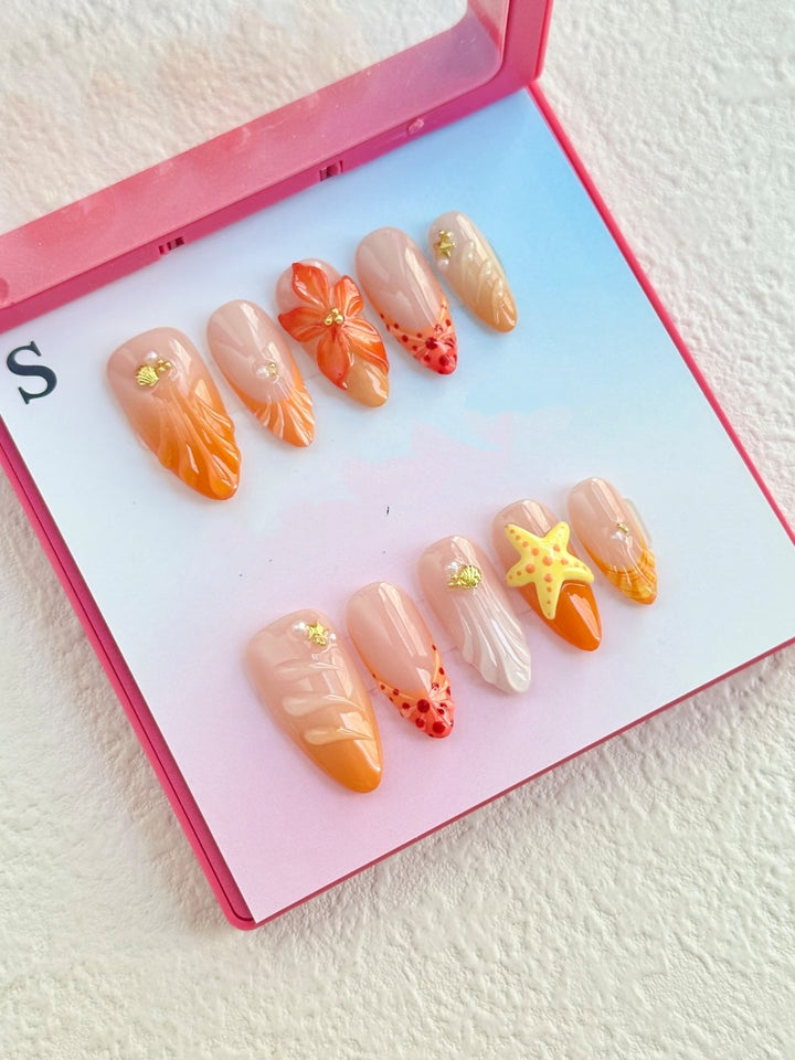 Artistic Floral Press-On Nail Set with Ocean-Inspired Accents