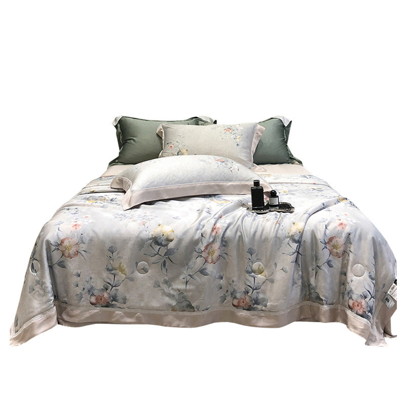 Luxurious cotton satin bedding set with floral watercolor print and fine satin trim