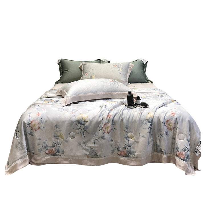 Luxurious cotton satin bedding set with floral watercolor print and fine satin trim