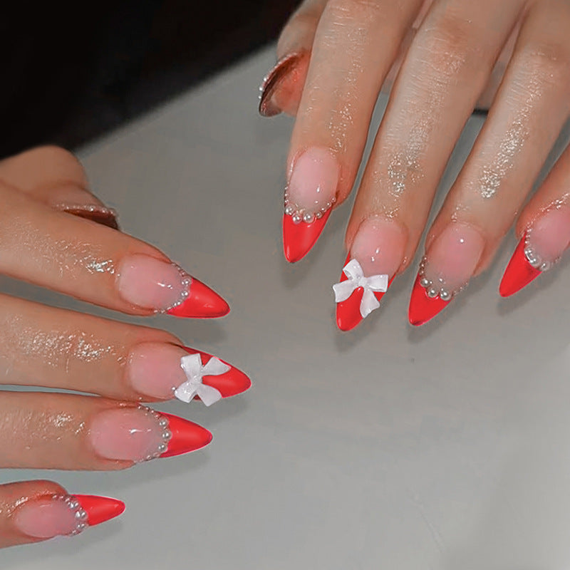 Elegant Press-On Nail Set with Pearl and Bow Accents Kalsten