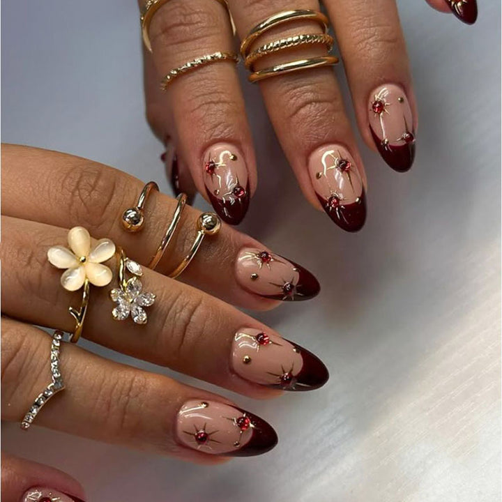 Artistic Press-On Nails with Floral and Gemstone Accents