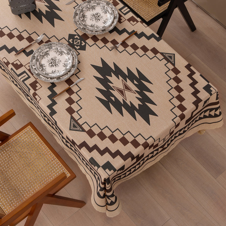 Rectangular tablecloth in linen look with pompom tassels Kalsten