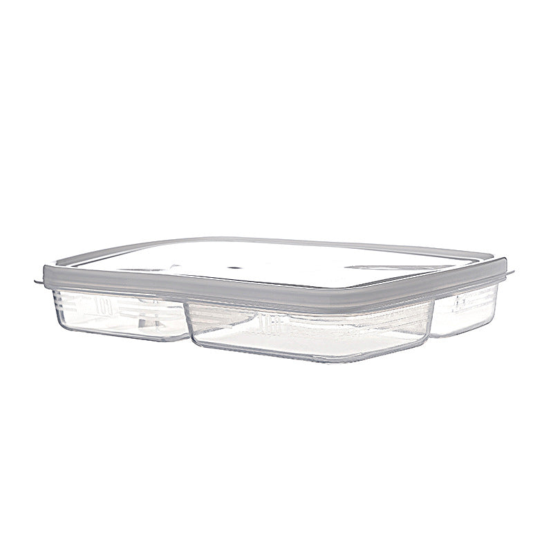 Three-piece fresh-keeping container made of clear plastic with an airtight silicone lid and separating compartments