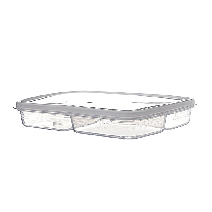 Three-piece fresh-keeping container made of clear plastic with an airtight silicone lid and separating compartments