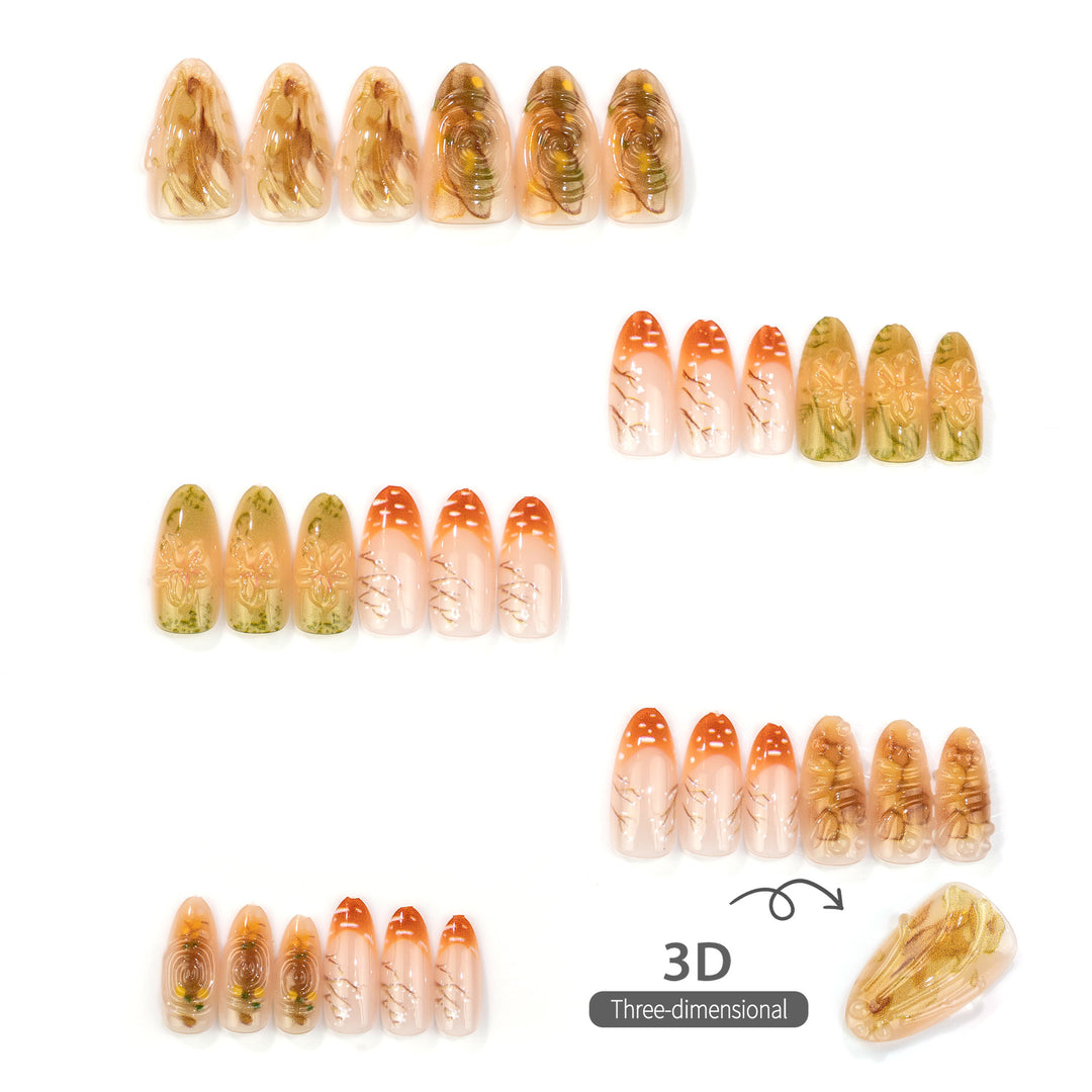 Artistic Press-On Nail Set with Floral and Metallic Design