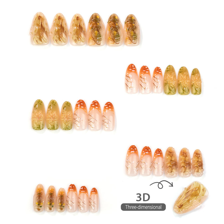 Artistic Press-On Nail Set with Floral and Metallic Design