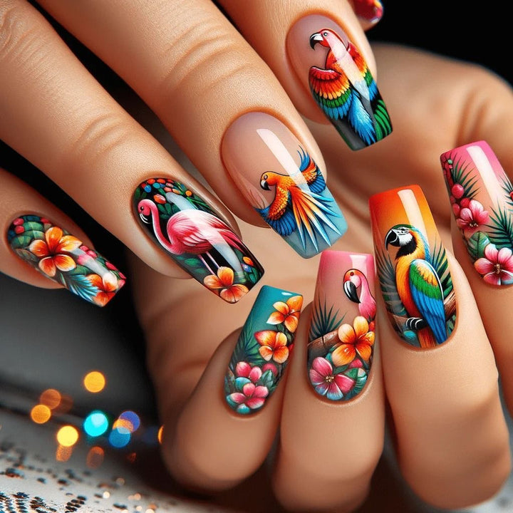 Artificial Nails Set with Tropical Bird Design Kalsten