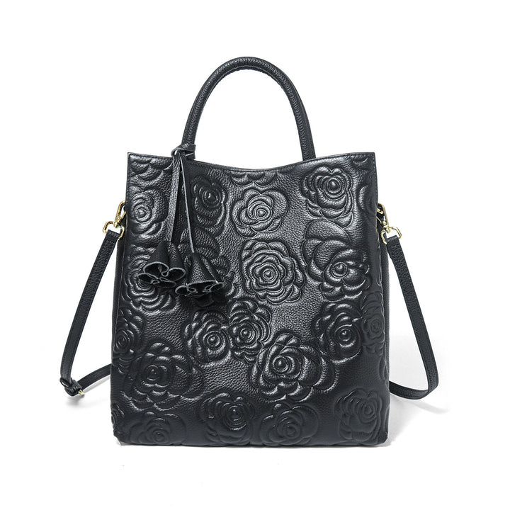 Embossed Floral Vegan Leather Top-Handle Tote with Detachable Crossbody Strap