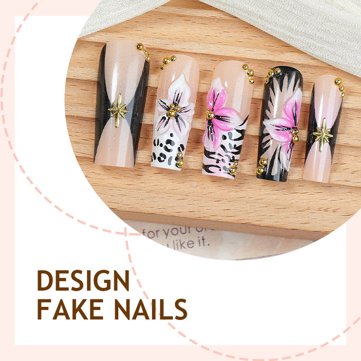 Artificial nail set with elegant flower and leopard motifs Kalsten