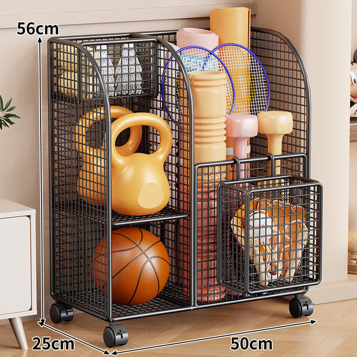 Rolling Mesh Sports Gear Storage Cart with Multi-Compartment Organizers and Locking Casters