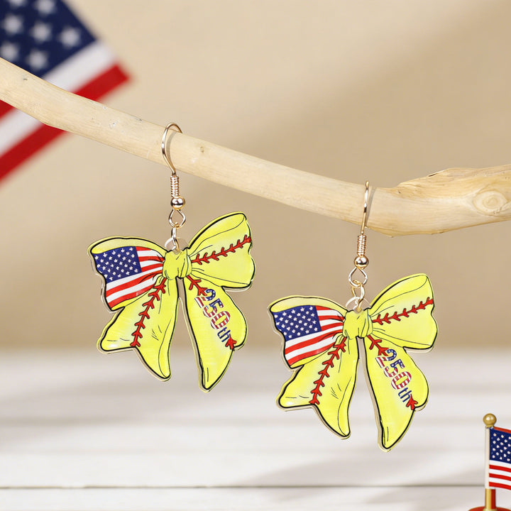 Women's acrylic statement earrings long pendant bow motif with patriotic print Kalsten