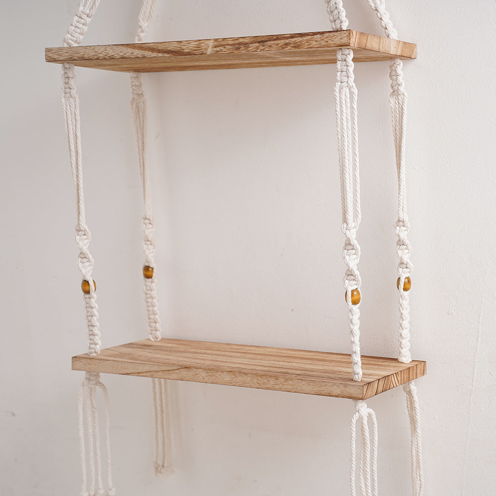 Macramé Floating Storage Shelf with Natural Wood Accents Kalsten