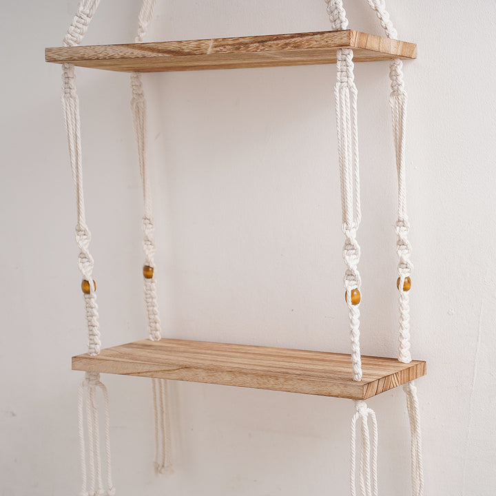 Macramé Floating Storage Shelf with Natural Wood Accents Kalsten