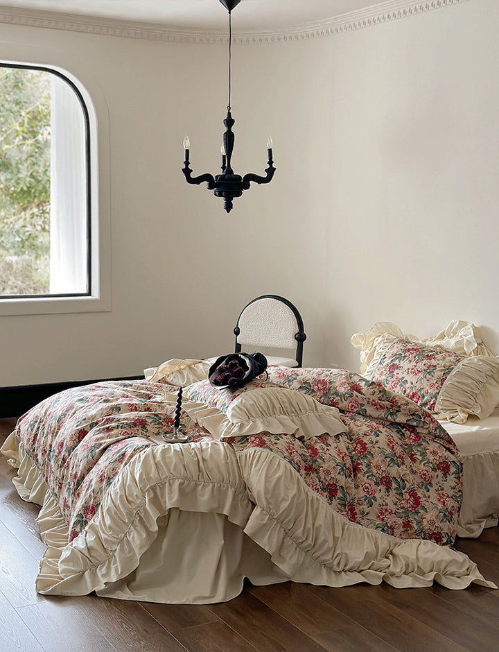 Victorian floral bedding set with ruffle and frill