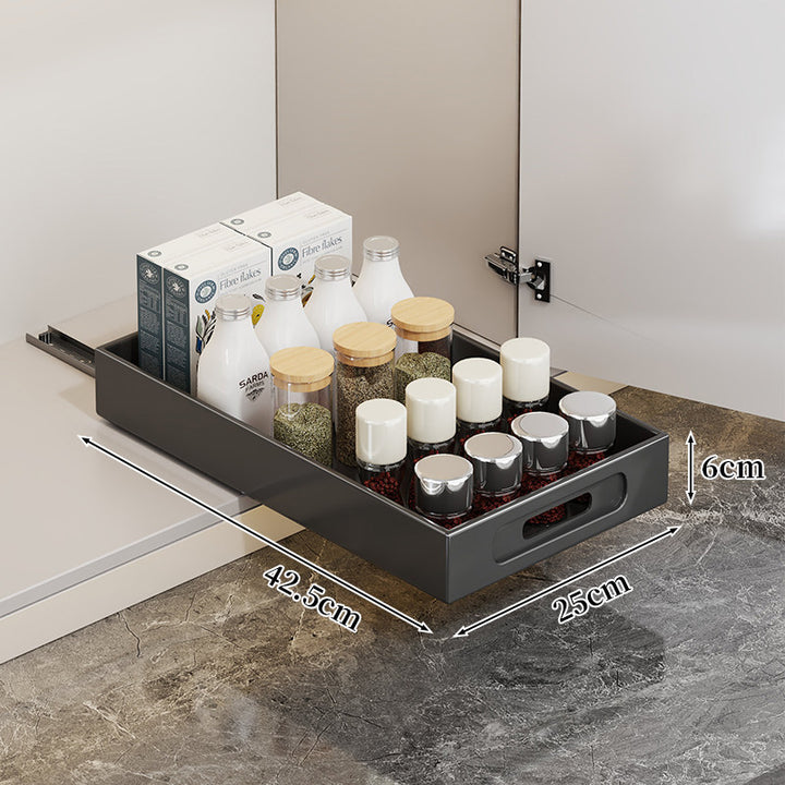 Slide-Out Cabinet Drawer Organizer Tray with Cutout Handle and Low-Profile Design
