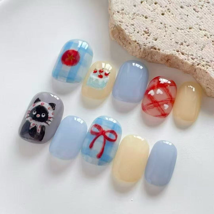 Artistic Cat-Themed Press-On Nail Art Set Kalsten