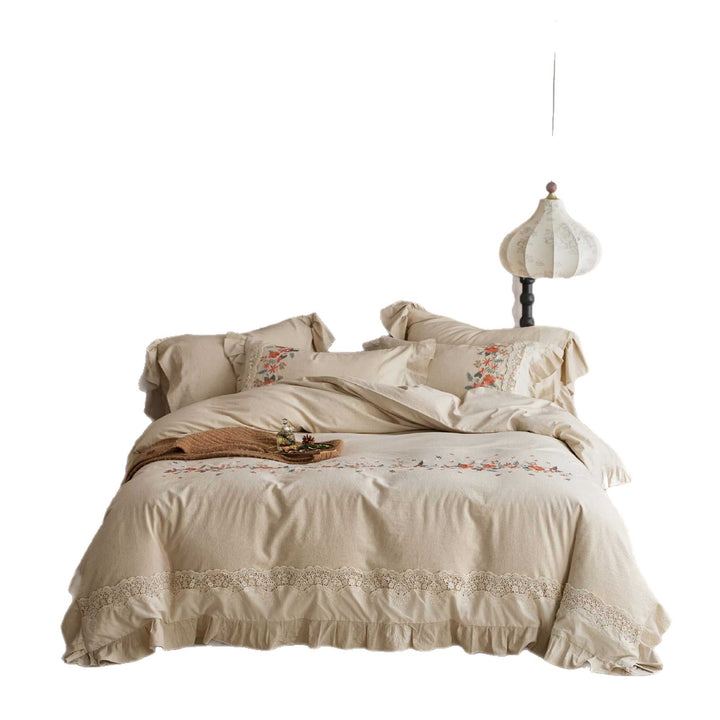 Duvet cover set made of cotton-linen with embroidered folklore flower motif, lace trim and frill