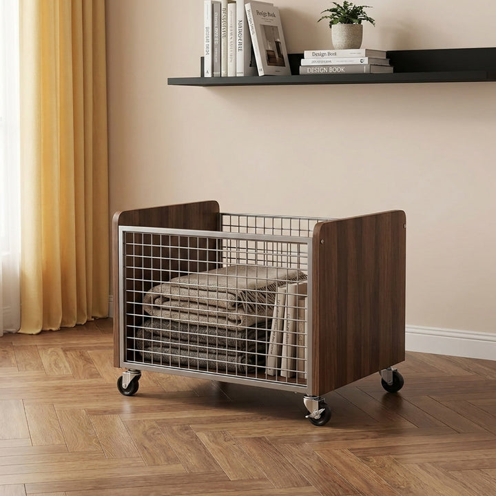 Under-Desk Rolling Storage Drawer with Wood Front and Metal Mesh Sides