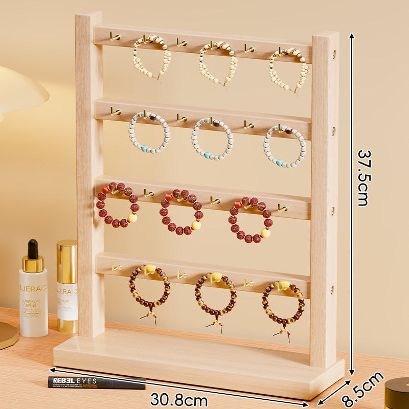 Triple-Tier Wooden Bracelet and Bangle Organizer Display Stand with Gold Hooks