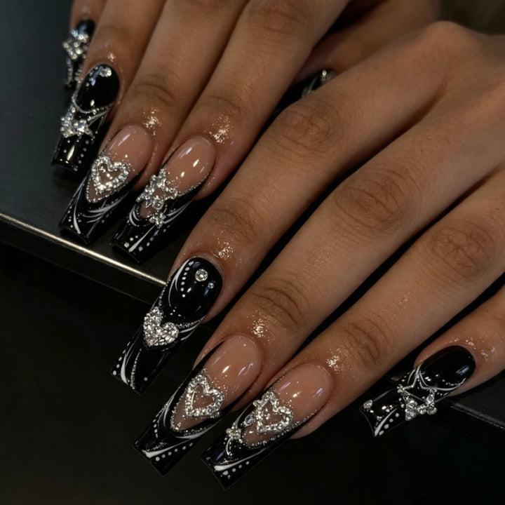 Artistic Press-On Nails with Heart and Gem Accents Kalsten