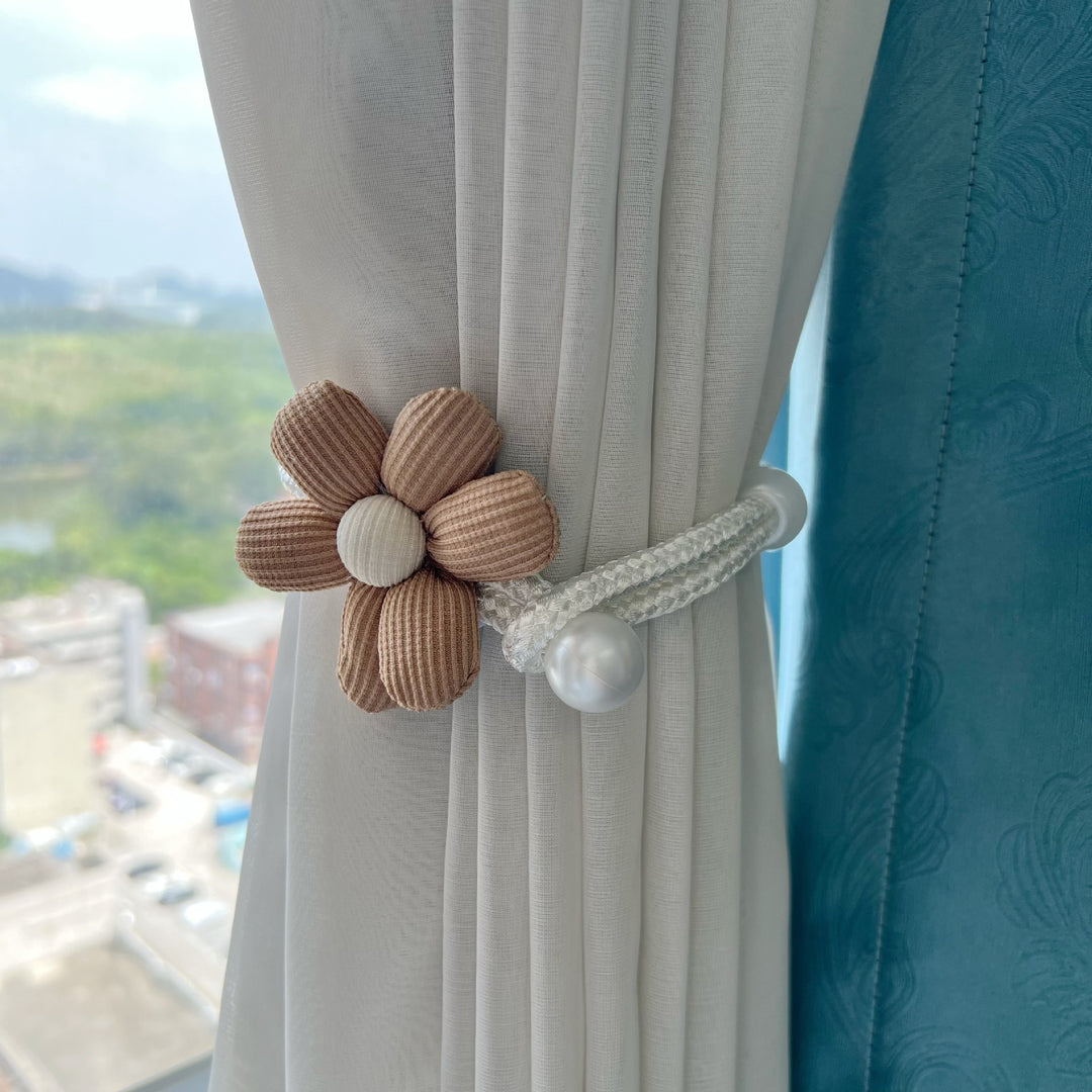 Fabric Flower Curtain Tieback with Braided Rope and Faux Pearl Accent