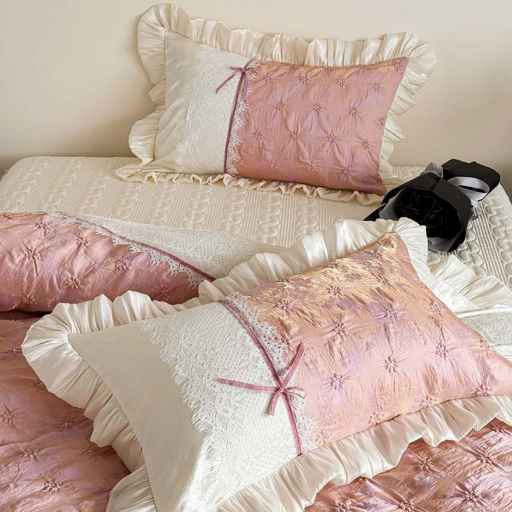Jacquard bedding set with olive patterned quilted look, satin ruffle and lace panel