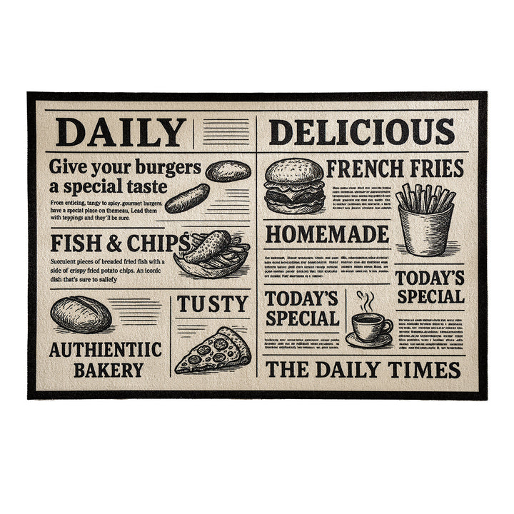 Kitchen runner rug in retro food newspaper print