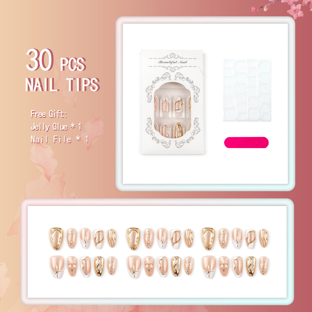 Elegant Press-On Nail Art Set with Decorative Gold Accents