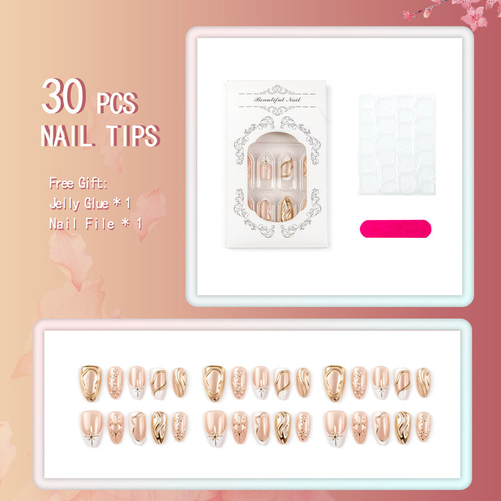 Elegant Press-On Nail Art Set with Decorative Gold Accents