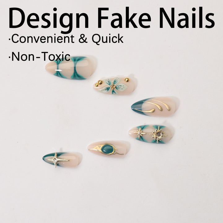 Creative Nail Art Set with Elaborate Flower and Gold Decorations Kalsten