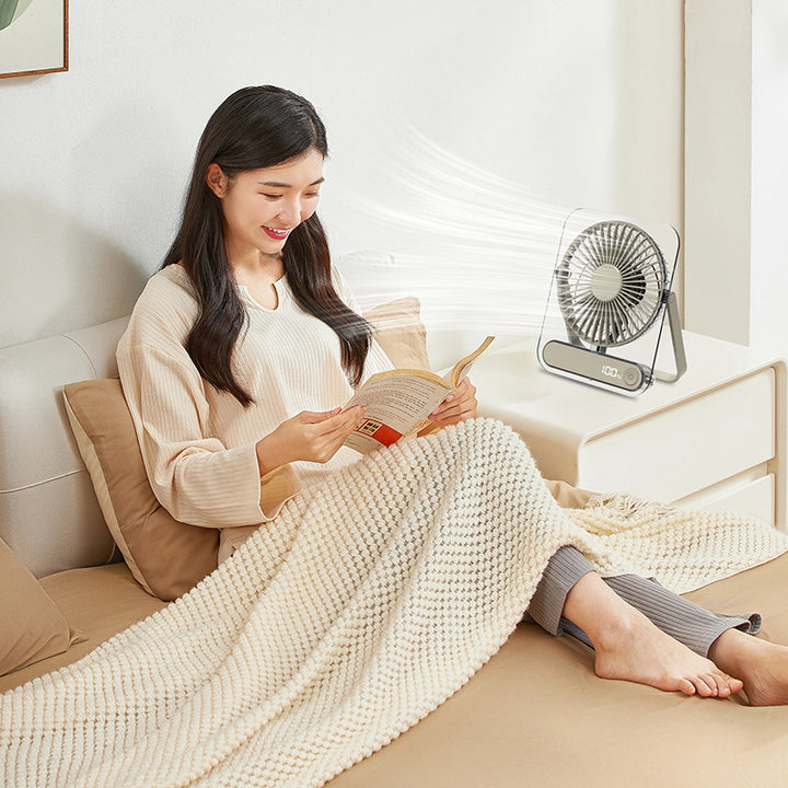 Cooling clear acrylic-framed rechargeable portable desk fan with digital battery percentage display and foldable handle Kalsten