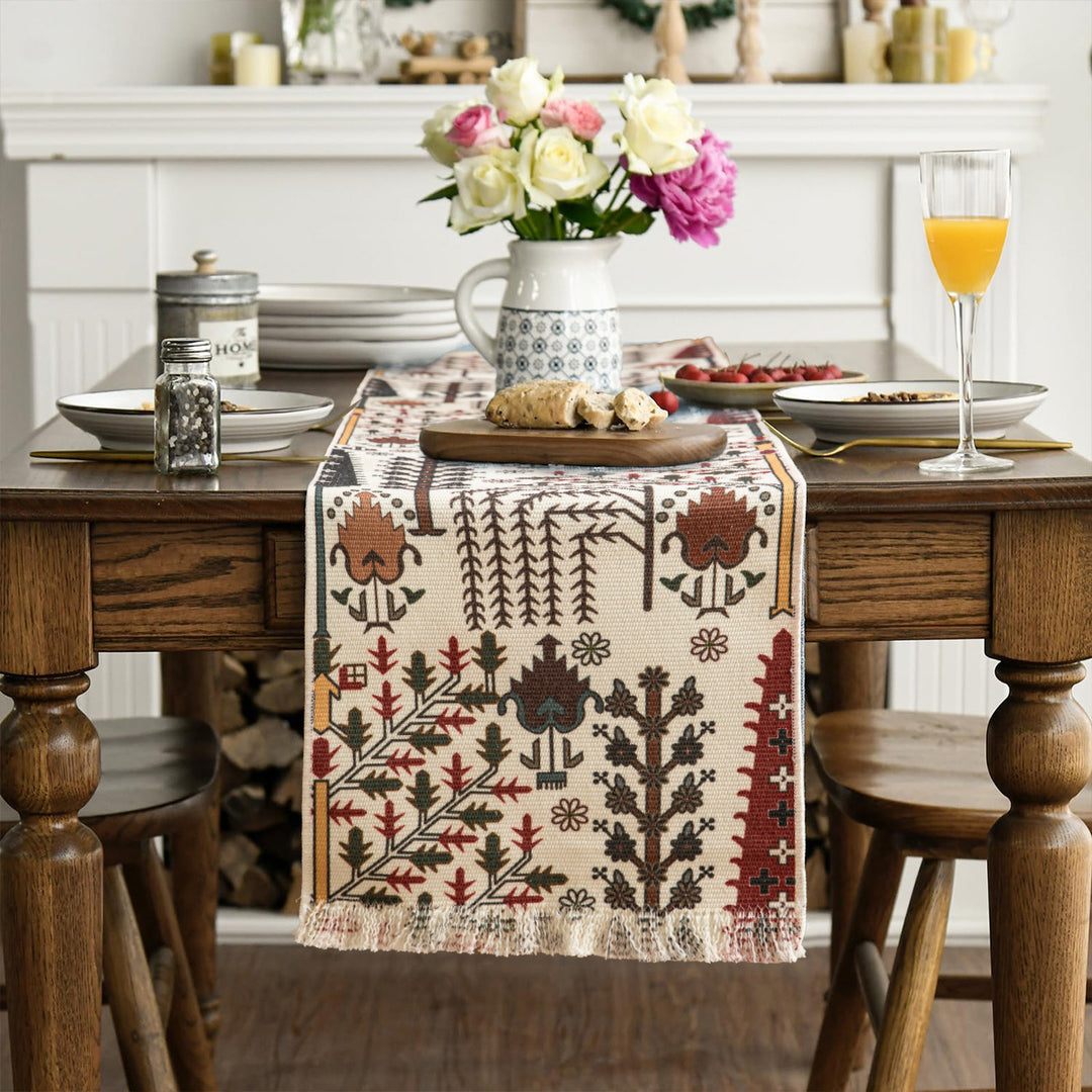Jacquard table runner with floral vine structure and decorative fringes Kalsten