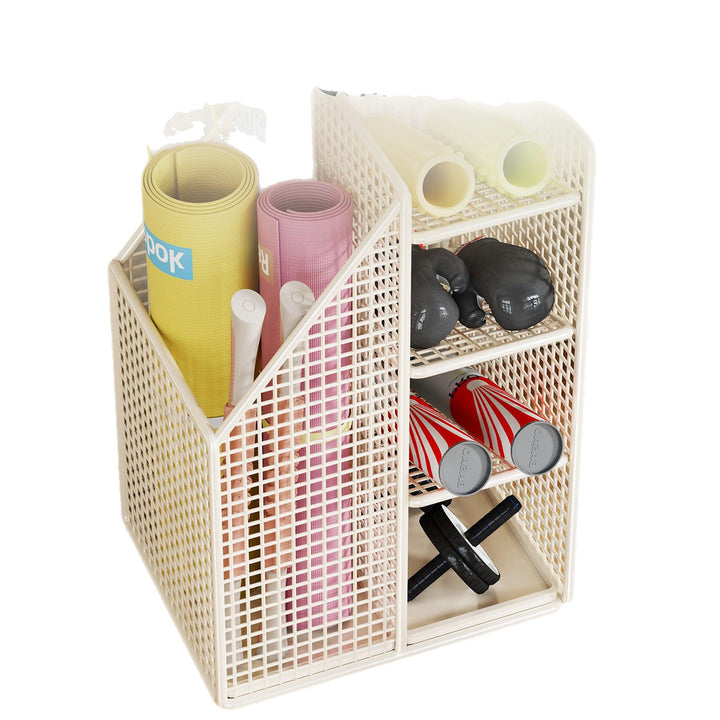 Vertical Mesh Multi‑Compartment Fitness and Yoga Mat Storage Rack