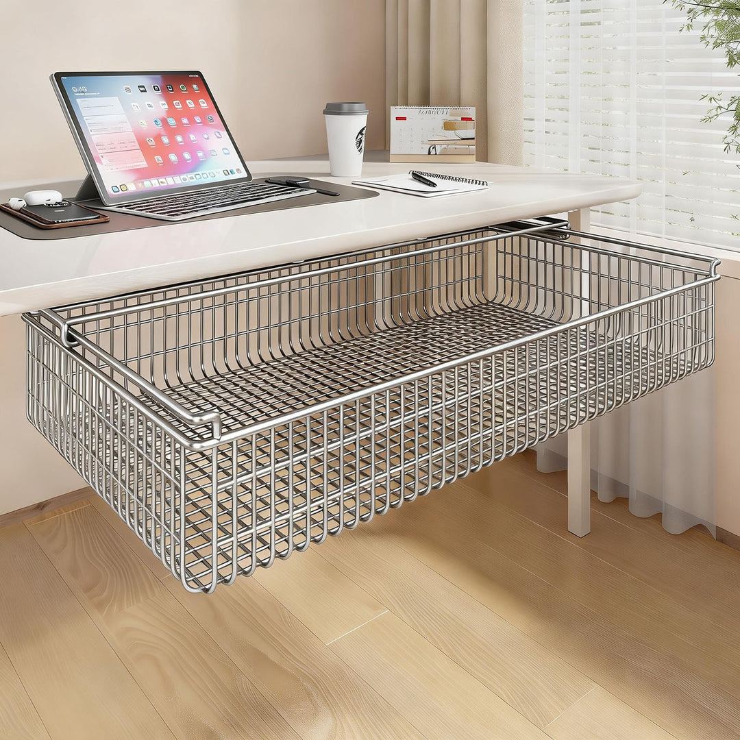 Under-Desk Pull-Out Sliding Mesh Storage Basket Drawer with Soft-Glide Rails