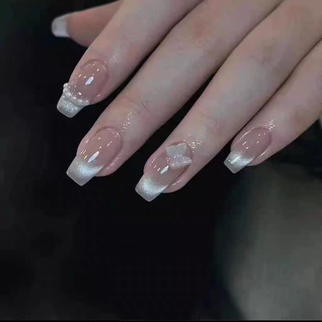 Artistic Press-On Nail Set with Bow and Gemstone Detail Kalsten