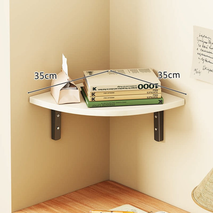 Corner Floating Wall Shelf with Curved Triangular Wooden Top and Heavy-Duty Metal Brackets
