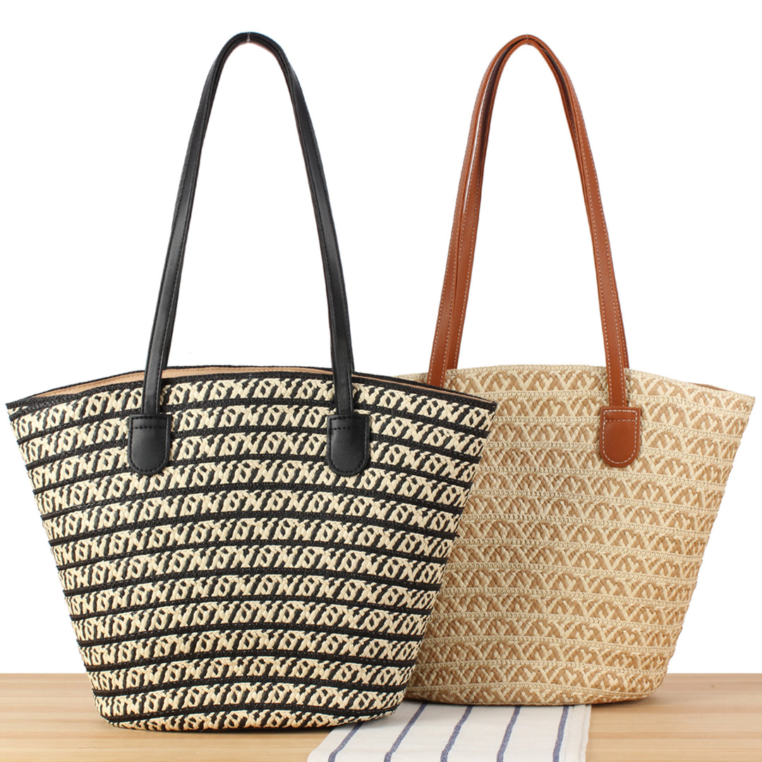 Designer straw bag with contrasting pattern and elegant leather handles Kalsten