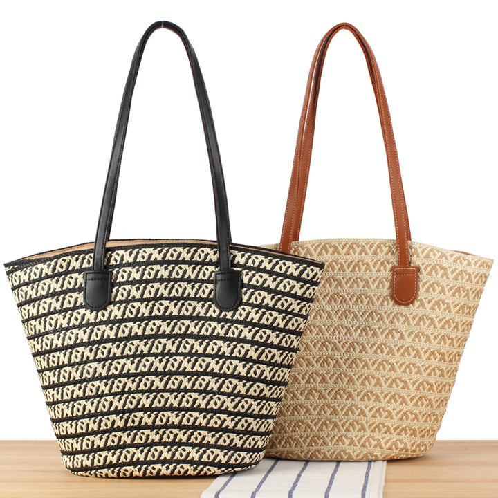 Designer straw bag with contrasting pattern and elegant leather handles Kalsten